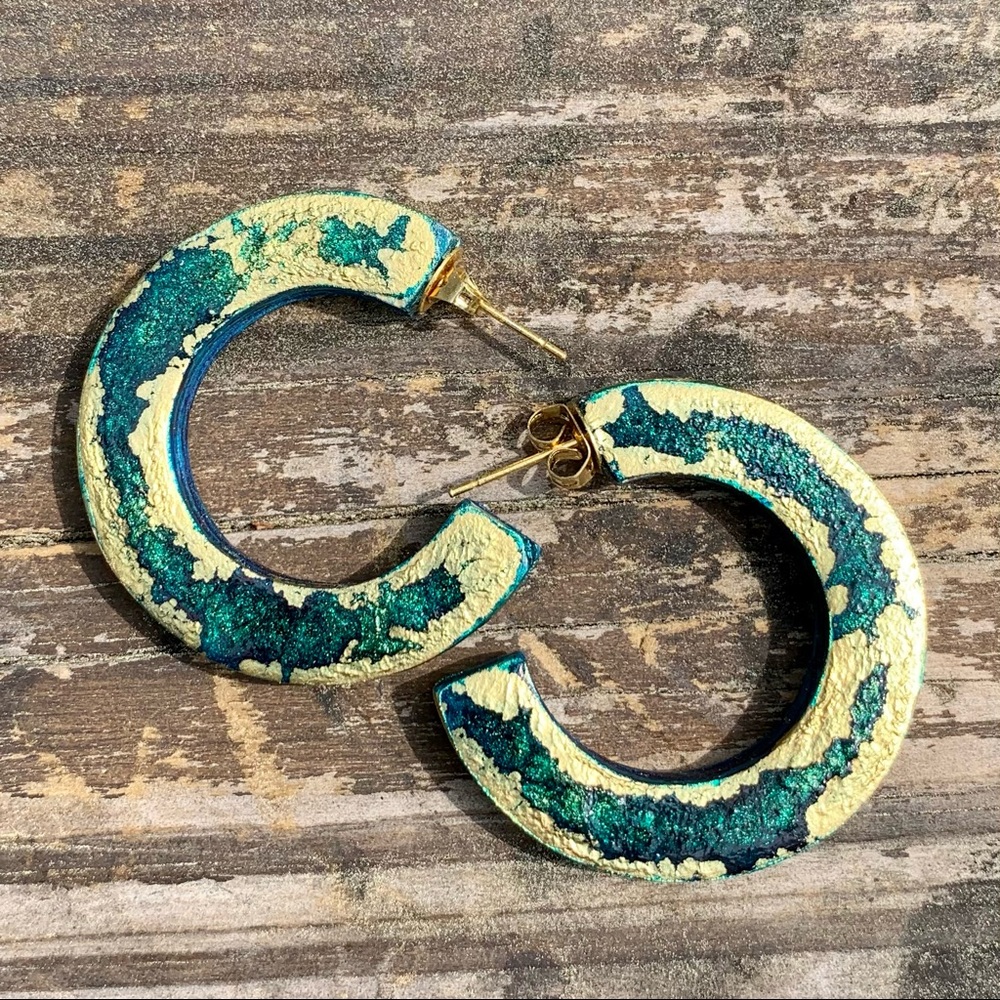 Handmade Painted Turquoise and Gold Hoop Earrings